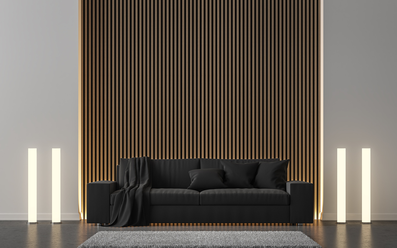 Black Sofa against a Wooden Slatted Wall